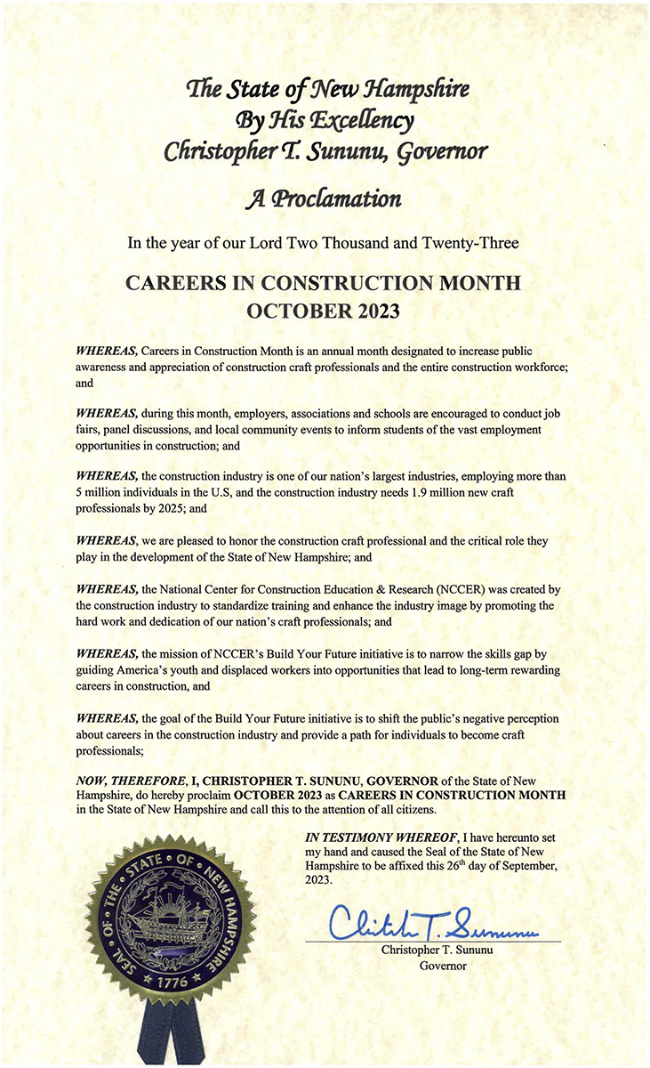 NH Governor signs proclamation declaring October Careers in Construction Month